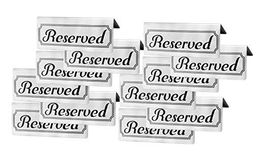 Stainless Steel Reserved Table Signs (12-Pack); 4.75-Inch by 2-Inch Tent Style Silver Signs with Black Print