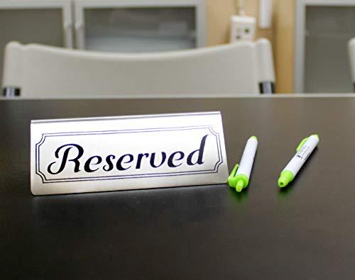 Stainless Steel Reserved Table Signs (12-Pack); 4.75-Inch by 2-Inch Tent Style Silver Signs with Black Print