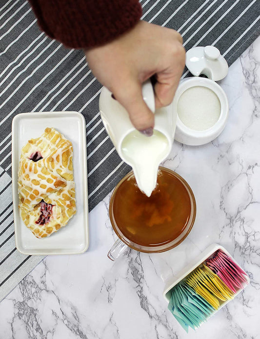 Sugar and Creamer Set - 3-Piece Set w/Cream Pitcher, Sugar Bowl, Sweetener Packet Holder, White Ceramic Tea/Coffee Set