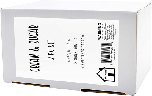 Sugar and Creamer Set - 3-Piece Set w/Cream Pitcher, Sugar Bowl, Sweetener Packet Holder, White Ceramic Tea/Coffee Set