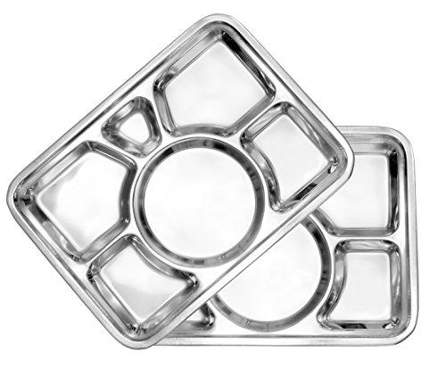 Darware Cafeteria Mess Trays (2-Pack); Stainless Steel 15 in. x 11 in. Rectangular 6-Compartment Divided Plates / Cafeteria Food Trays